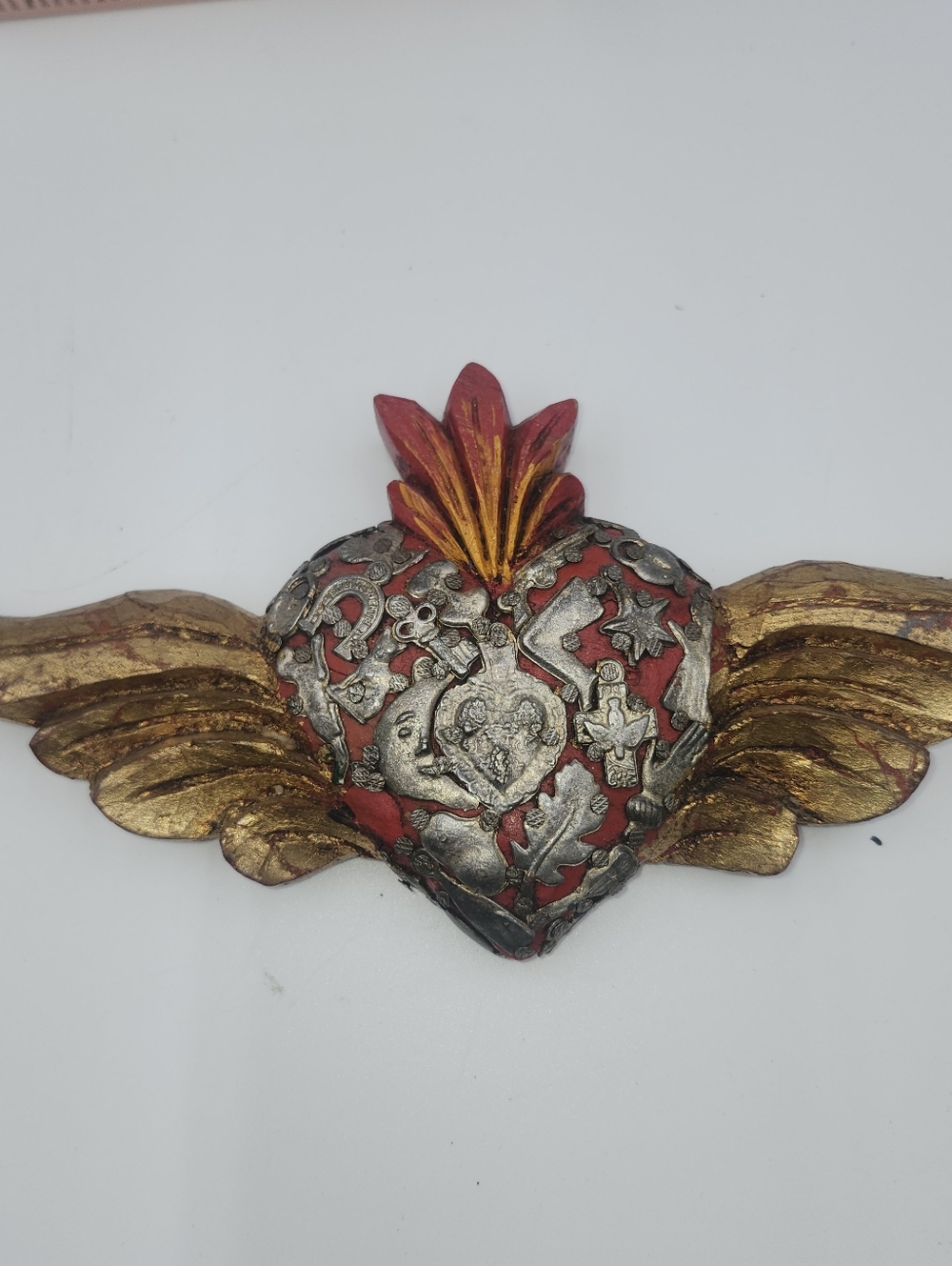 9" Mexican Folk Art carved wood Milagro Heart wall art gold red Pediment